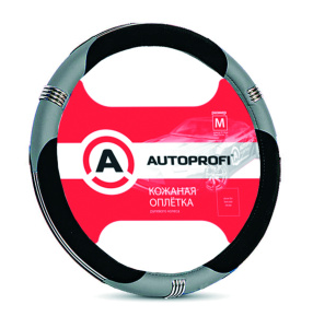 Кожаная оплётка руля AUTOPROFI AP-150 BK/GY (M)